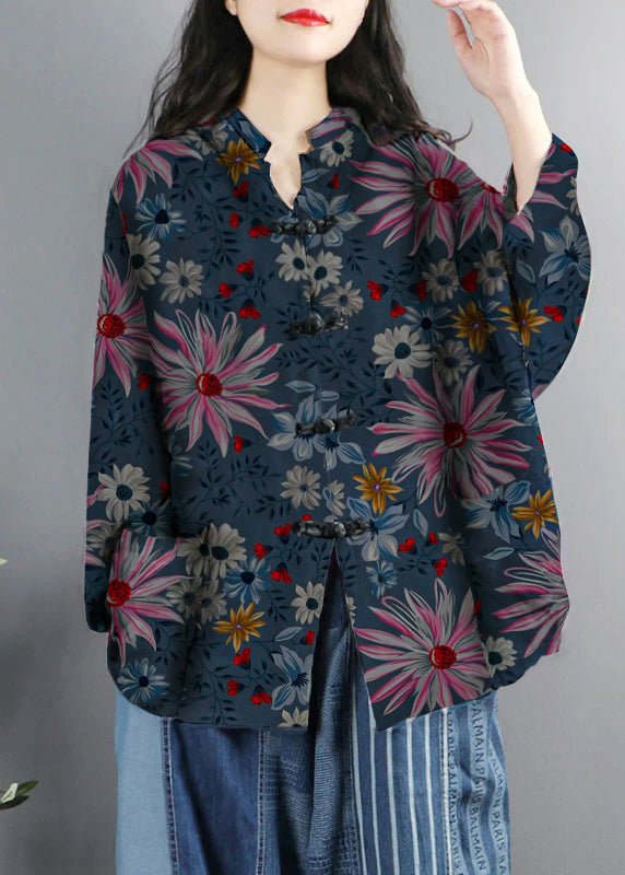 Chinese Style Brown-pumpkin Print Pockets Button Patchwork Cotton Coats Long Sleeve