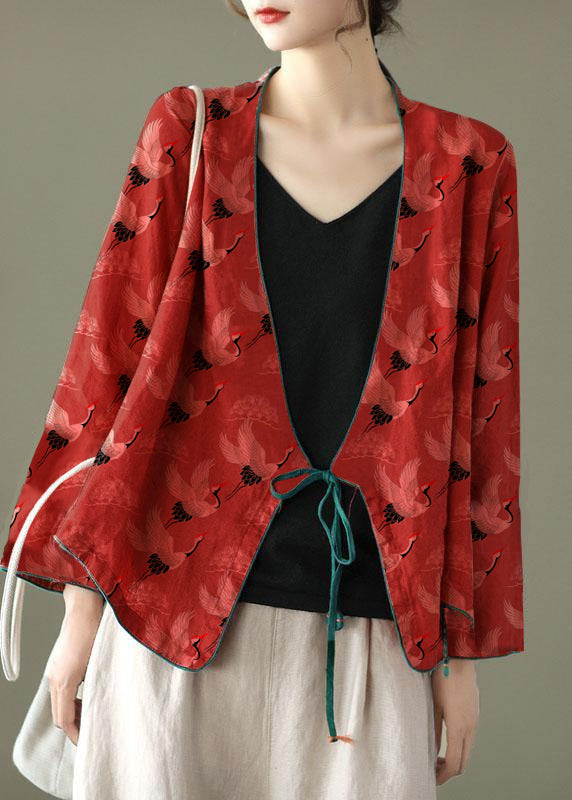 Crane Pattern Embroideried Long Sleeve Linen Shirt