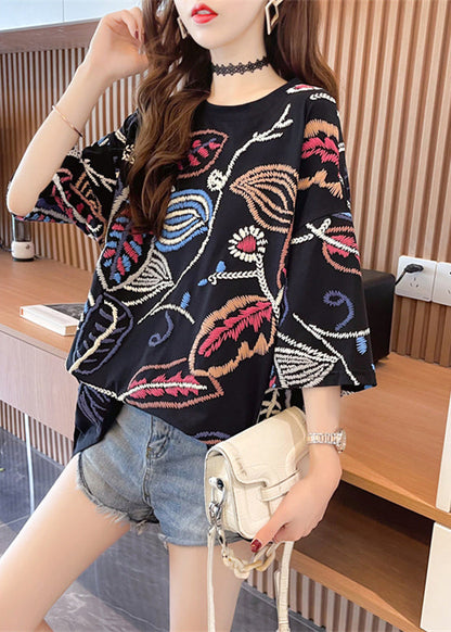 Black O-neck Print Top Summer