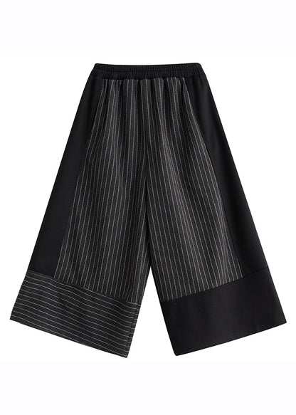 New Black Striped Patchwork Elastic Waist Woolen Wide Leg Pants Spring