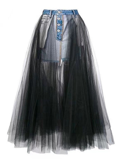New Black Tulle Patchwork Denim Skirt for Summer