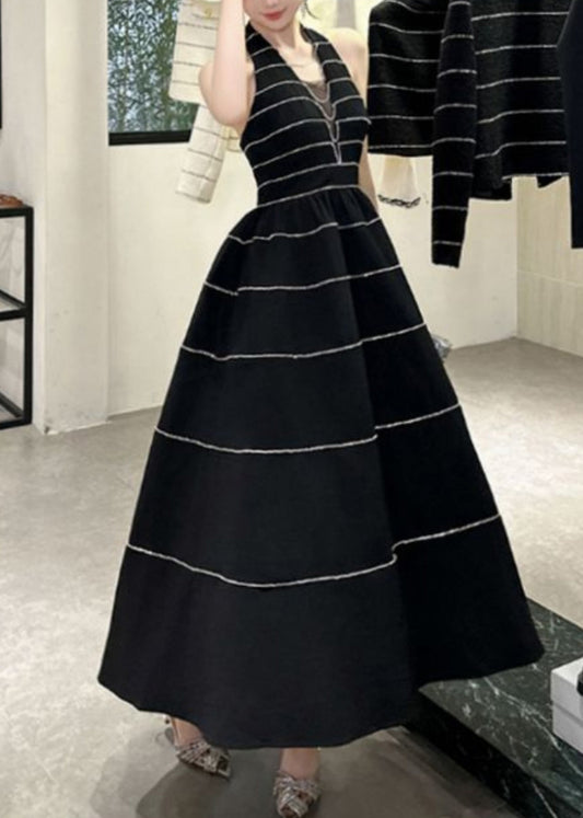 New Black V Neck Striped Zircon Backless Vacation Long Dresses Summer