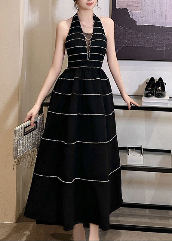 New Black V Neck Striped Zircon Backless Vacation Long Dresses Summer