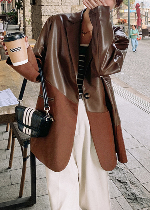 New Coffee Notched Patchwork Faux Leather Suit Coat Spring