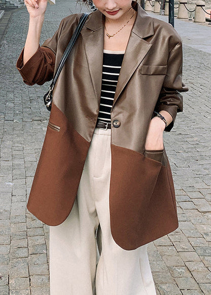 New Coffee Notched Patchwork Faux Leather Suit Coat Spring