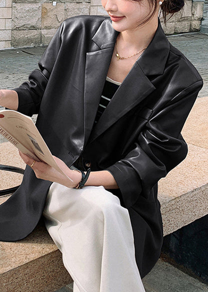 New Coffee Notched Patchwork Faux Leather Suit Coat Spring