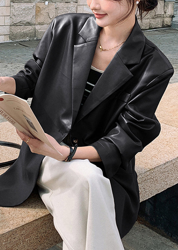 New Coffee Notched Patchwork Faux Leather Suit Coat Spring