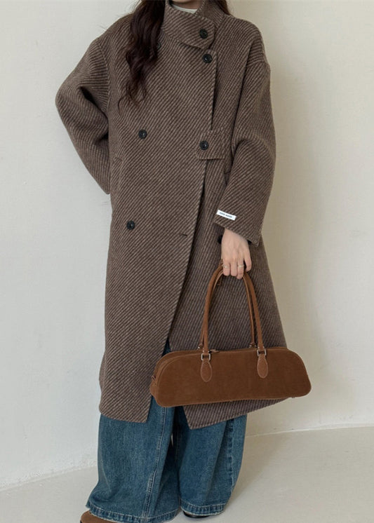 New Coffee Stand Collar Double Breast Woolen Coat Winter