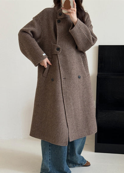 New Coffee Stand Collar Double Breast Woolen Coat Winter