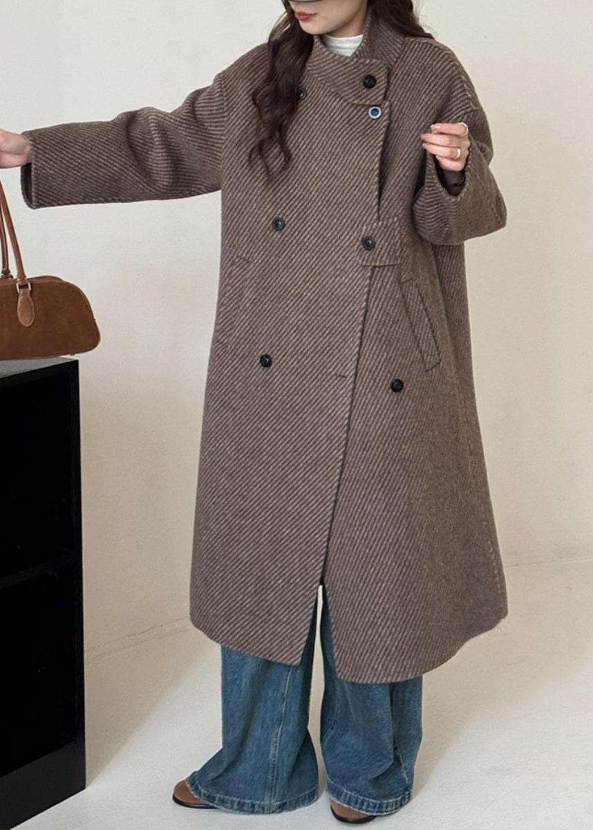 New Coffee Stand Collar Double Breast Woolen Coat Winter