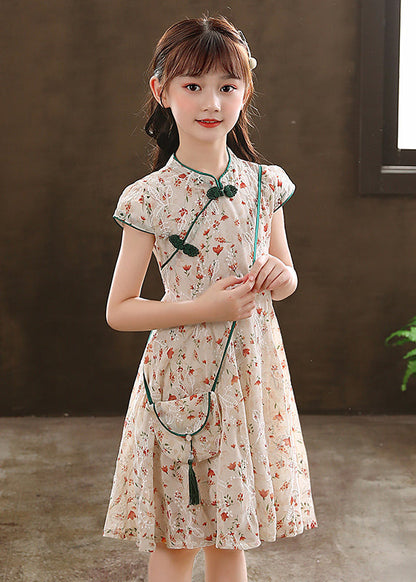 New Green Stand Collar Print Maxi Dresses Short Sleeve