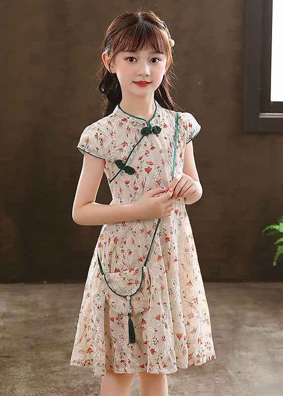 New Green Stand Collar Print Maxi Dresses Short Sleeve