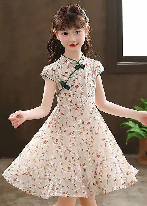 New Green Stand Collar Print Maxi Dresses Short Sleeve