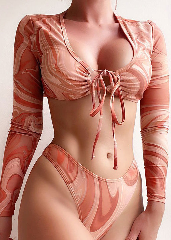 New Orange Long Sleeved Lace Up High Waist Bikini Swimwear