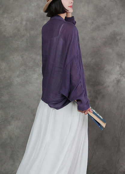 New Original Purple V Neck Linen Cardigan Bat Sleeves