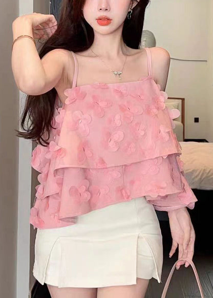 New Pink Butterfly Denim Strap Tank Top Summer