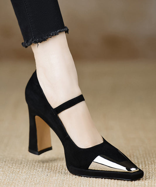 Sequined Splicing Chunky High Heels Black Suede