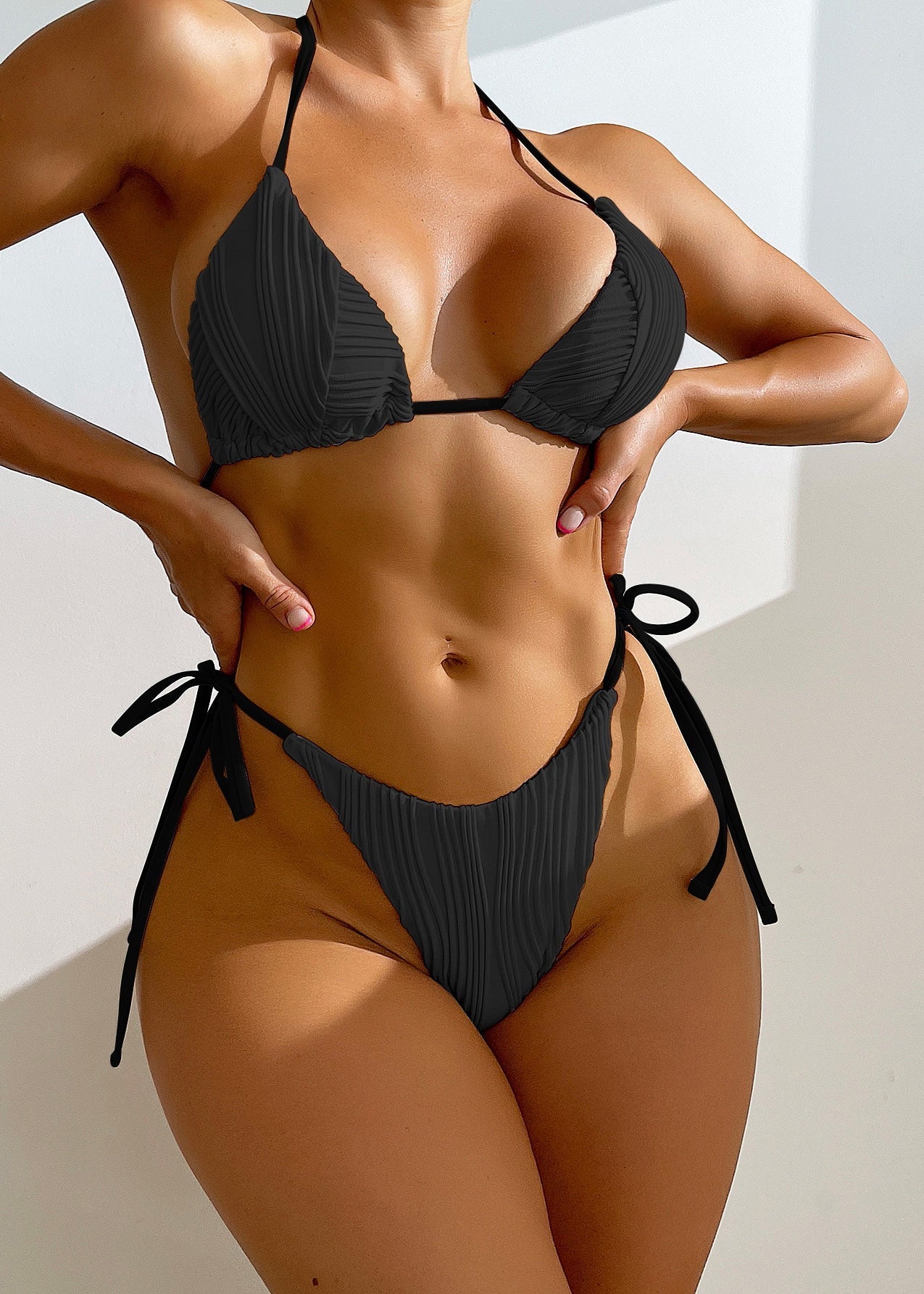 Apricot Striped Bikini Lace Up Swimwear Set