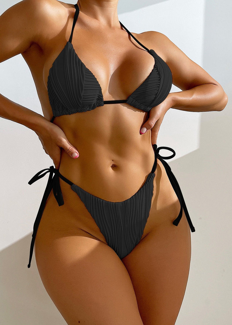 Apricot Striped Bikini Lace Up Swimwear Set