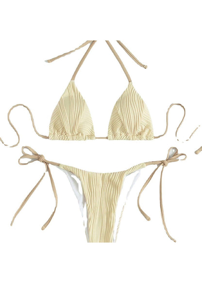 Apricot Striped Bikini Lace Up Swimwear Set
