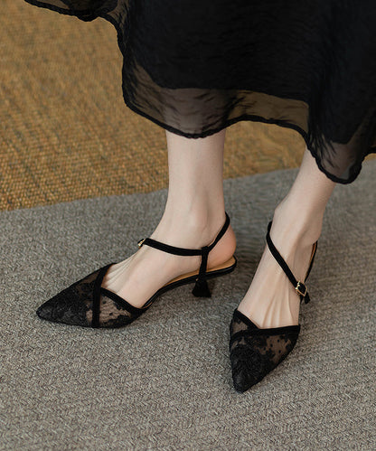 Splicing High Heel Sandals French Black Tulle Pointed Toe