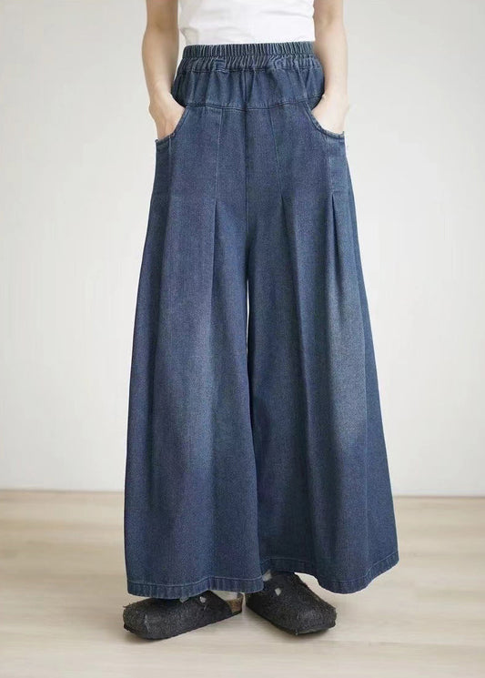 Spring Summer Blue Elastic Waist Wrinkled Wide Leg Pants
