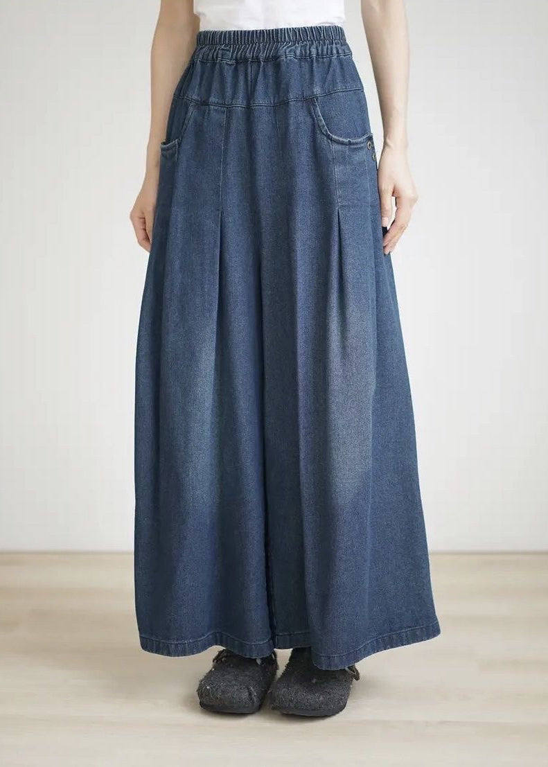 Spring Summer Blue Elastic Waist Wrinkled Wide Leg Pants
