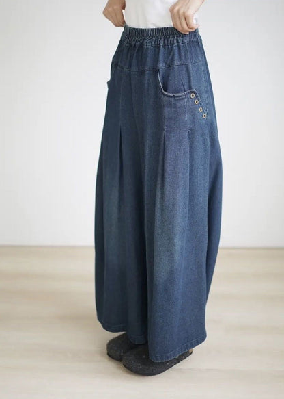 Spring Summer Blue Elastic Waist Wrinkled Wide Leg Pants