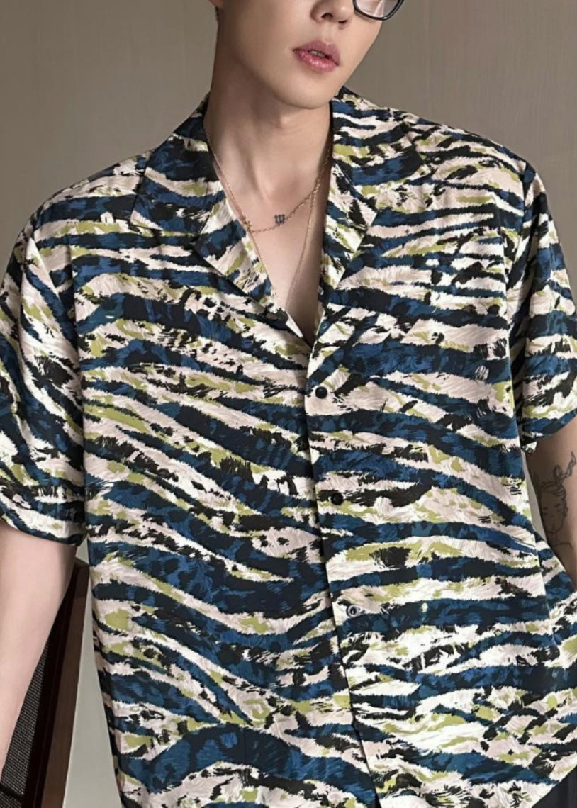 Summer Loose Cuban Collar Printed Leopard Short Sleeved Shirt