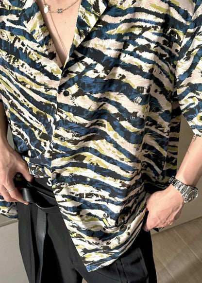 Summer Loose Cuban Collar Printed Leopard Short Sleeved Shirt