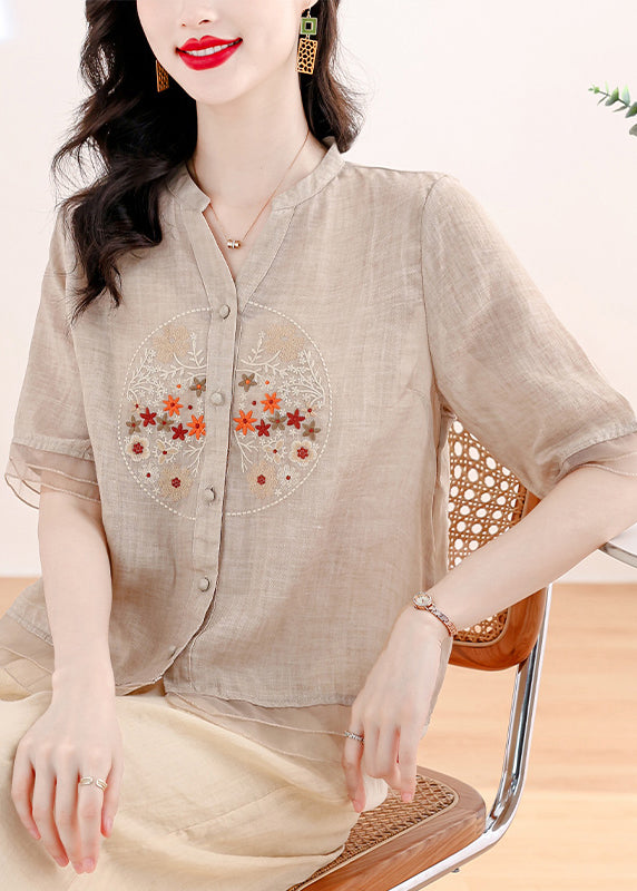 Summer New Linen Embroidered Top and Pants Two Piece Set