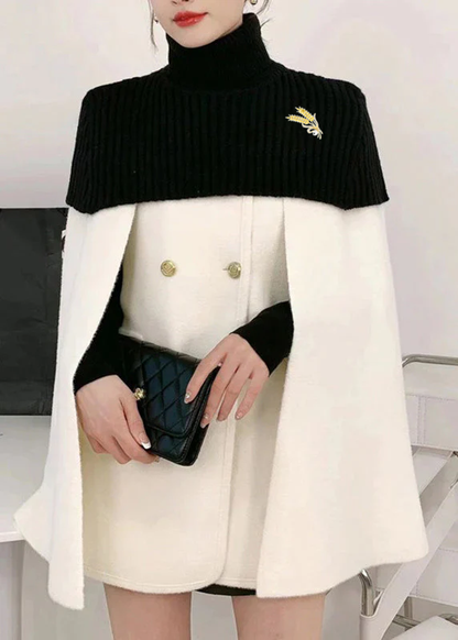 White O-neck Knit Patchwork Cape and Woolen Coats Two Piece Set Spring