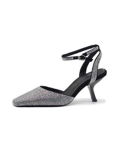 Buckle Strap Splicing High Heel Sandals Black Sheepskin Zircon