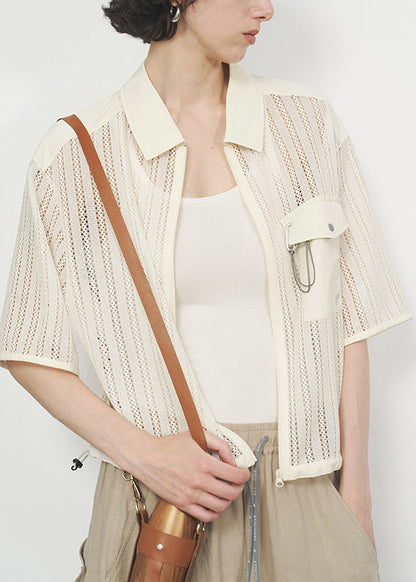 Beige Zippered Hollow Out Coat Short Sleeved