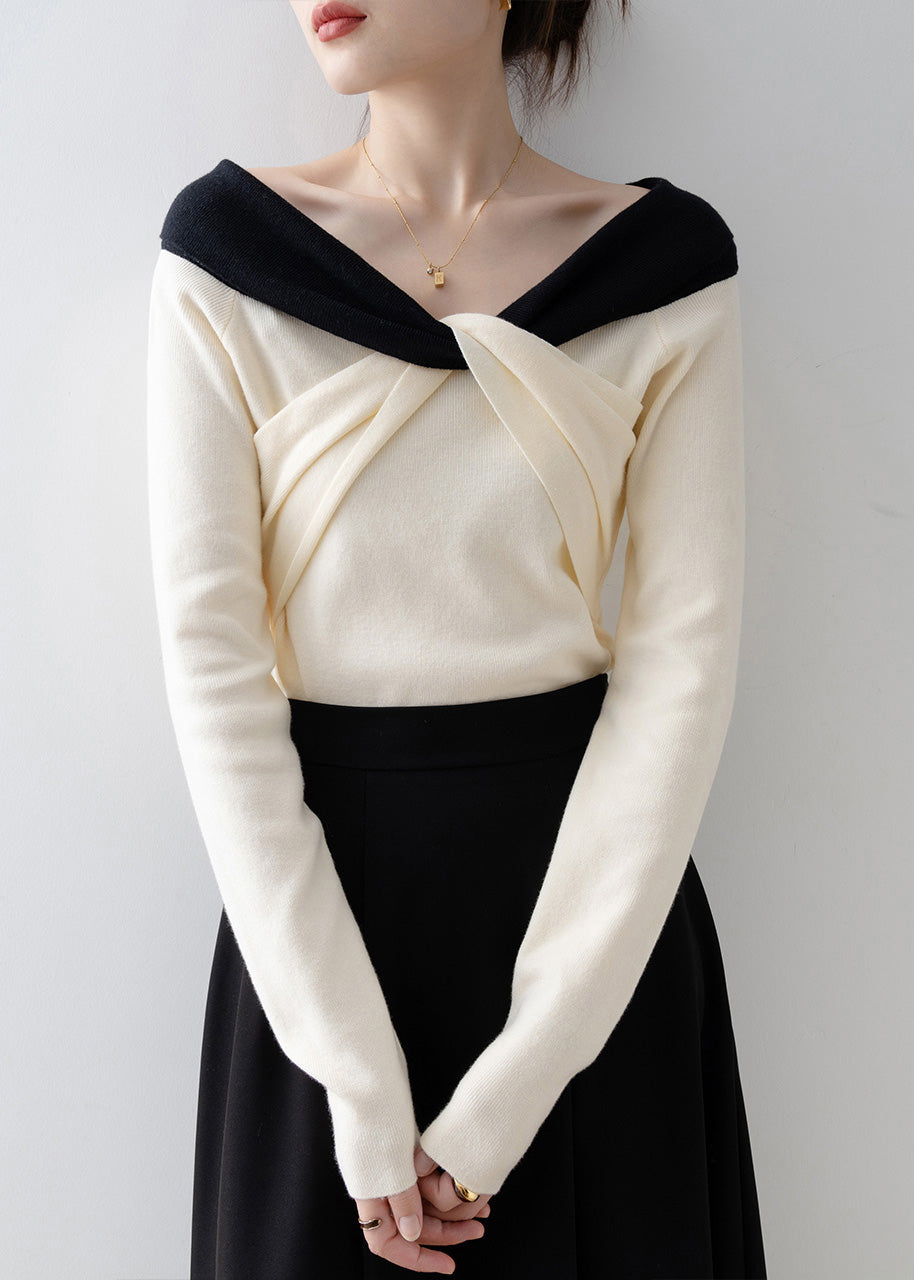 New Beige Slash Neck Slim Cross Knit Top Spring