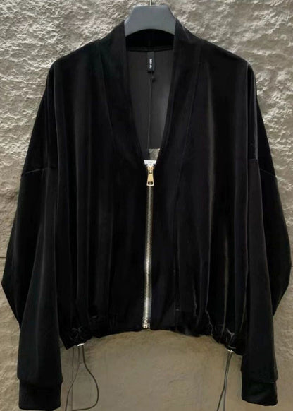 New Black V Neck Zippered Silk Velvet Coat Batwing Sleeve