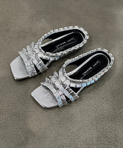 New Black Wrinkled Sheepskin Slide Sandals Peep Toe