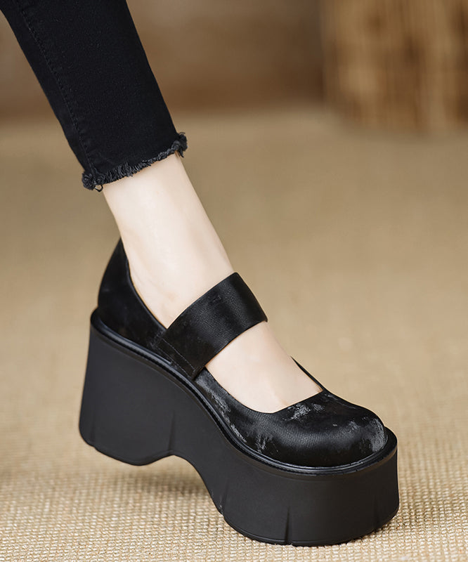 New Buckle Strap Splicing Wedge High Heels Brown Satin