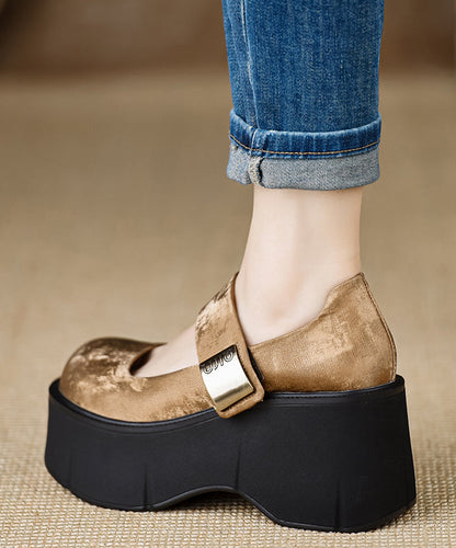 New Buckle Strap Splicing Wedge High Heels Brown Satin