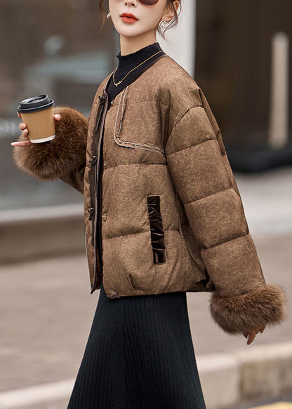 New Coffee Fur Patchwork Duck Down Short Coat Winter