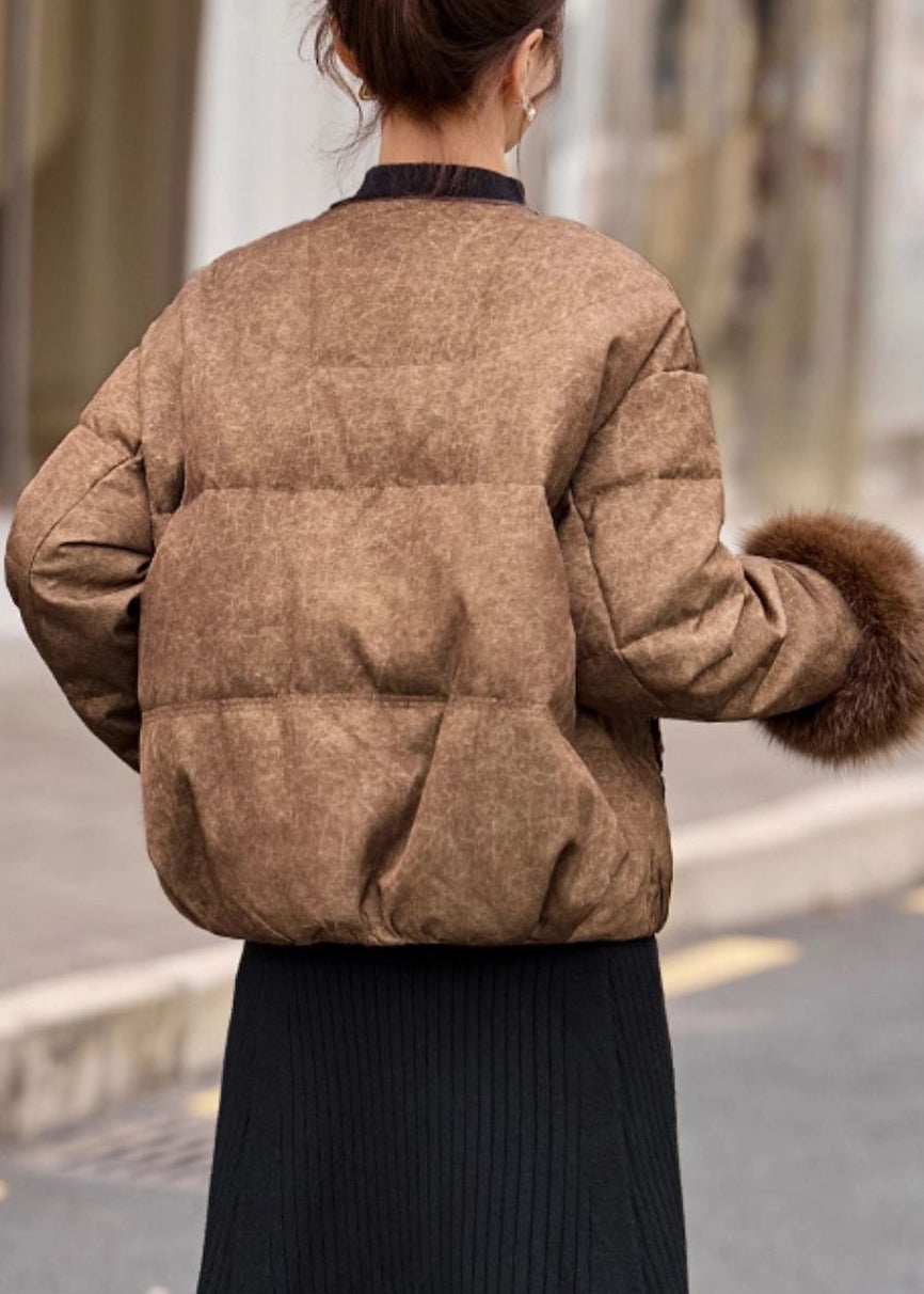 New Coffee Fur Patchwork Duck Down Short Coat Winter