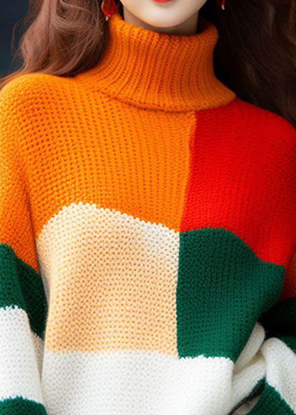 New Colorblock Hign Neck Knit Sweater Tops Spring