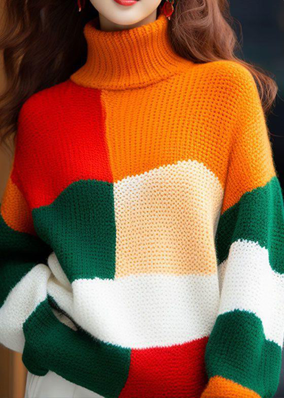 New Colorblock Hign Neck Knit Sweater Tops Spring