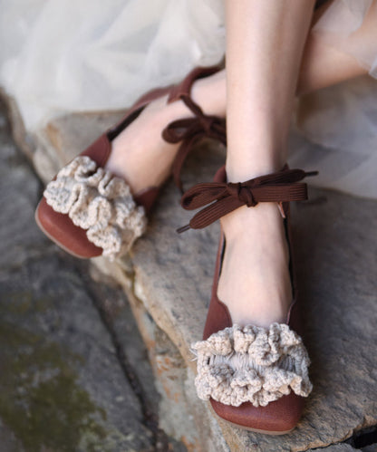 New Splicing Flat Shoes Caramel Sheepskin Lace Up