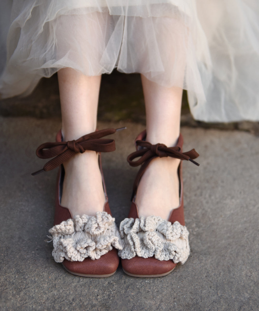 New Splicing Flat Shoes Caramel Sheepskin Lace Up