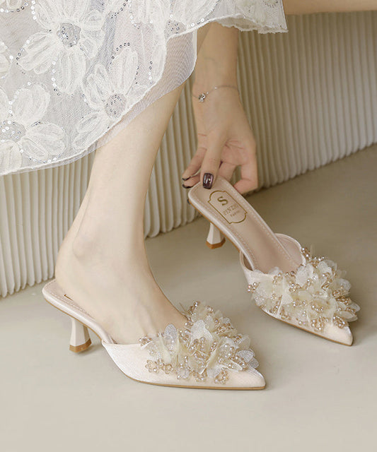 New French Apricot Satin Zircon High Heels Slide Sandals