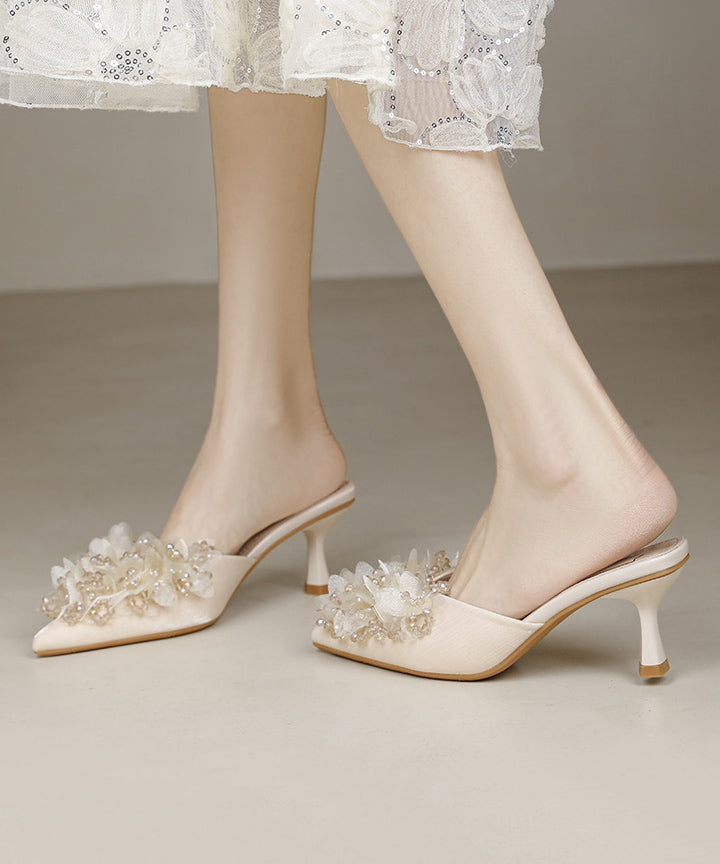 New French Apricot Satin Zircon High Heels Slide Sandals