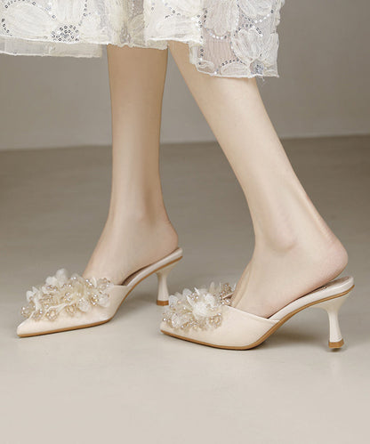 New French Apricot Satin Zircon High Heels Slide Sandals