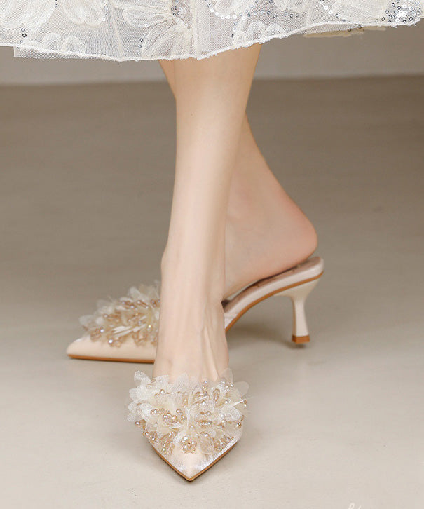 New French Apricot Satin Zircon High Heels Slide Sandals