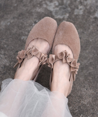 New Handmade Apricot Flower Chunky Heels